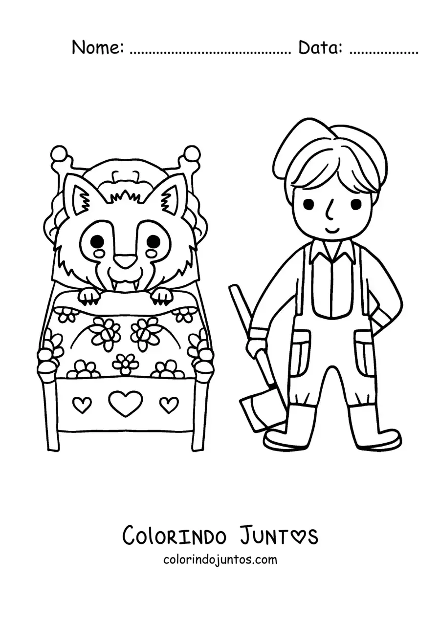 Desenho para colorir do lobo mau disfarçado e o lenhador