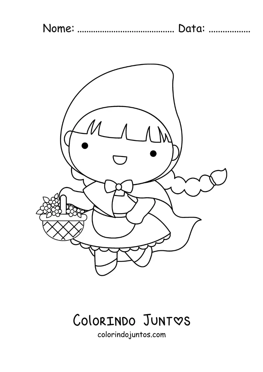 Desenho para colorir de Chapeuzinho Vermelho com sua cesta de flores