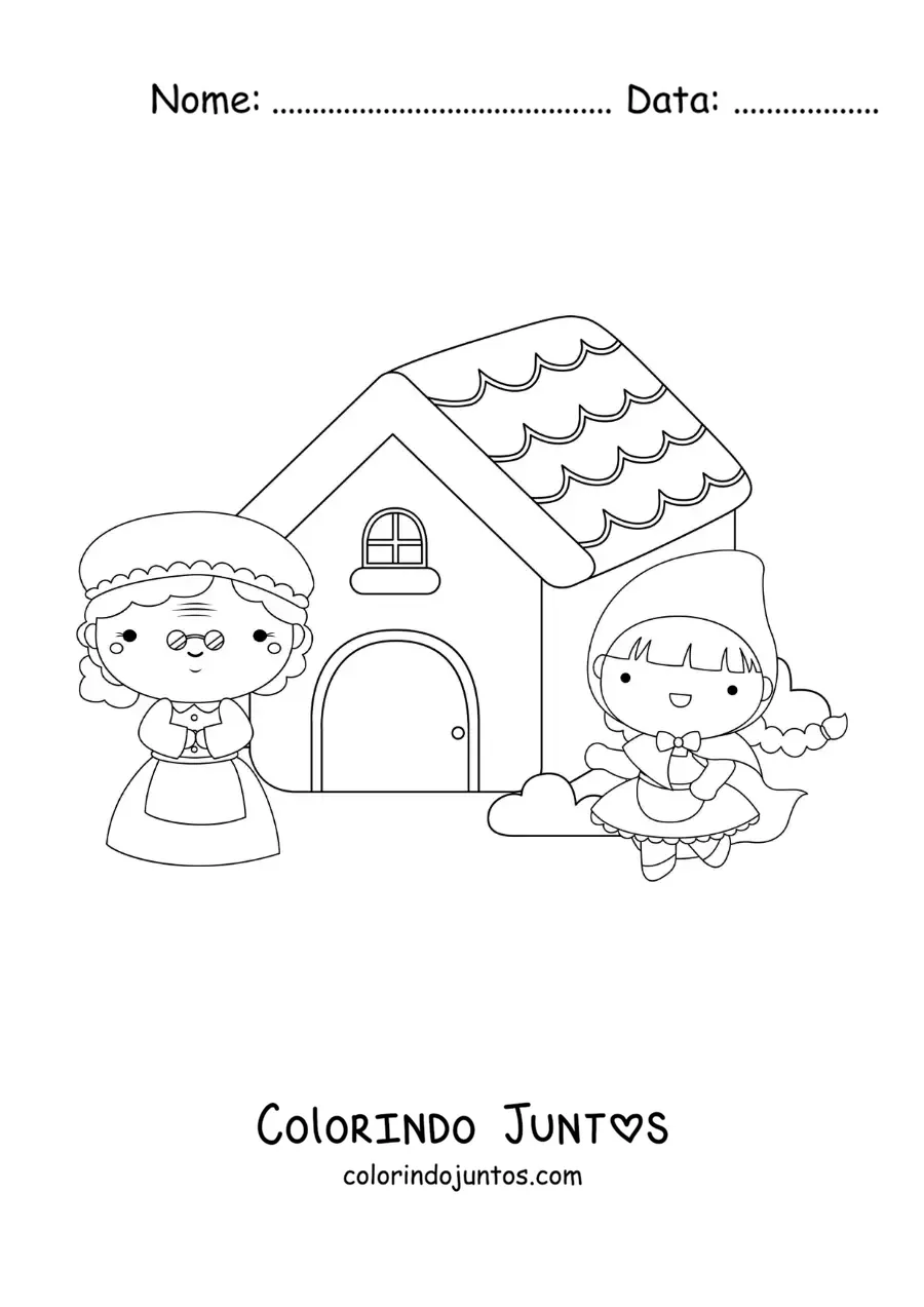 Desenho para colorir de Chapeuzinho Vermelho animada na casa da vovó