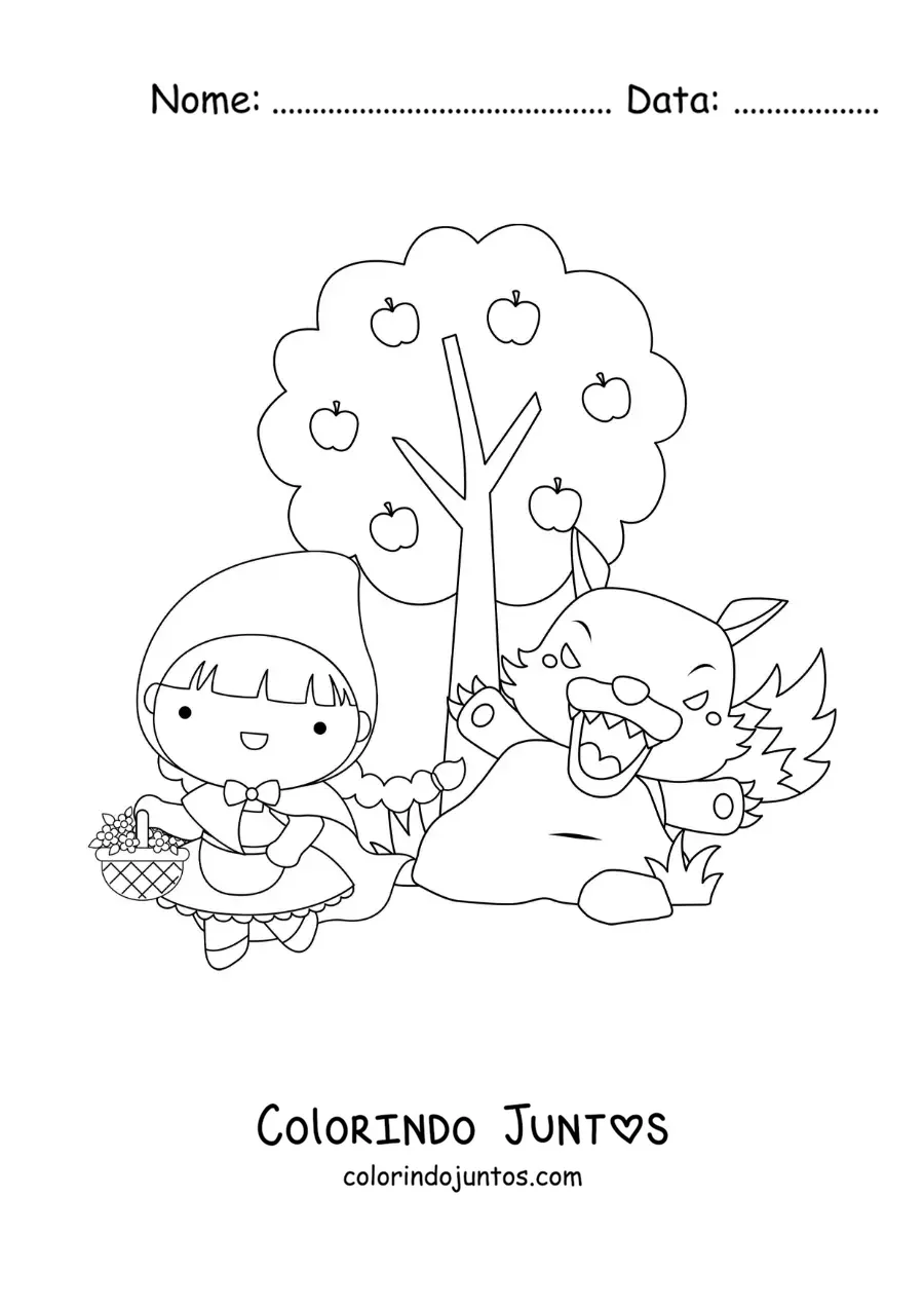 Desenho para colorir de Chapeuzinho Vermelho e o lobo mau na floresta