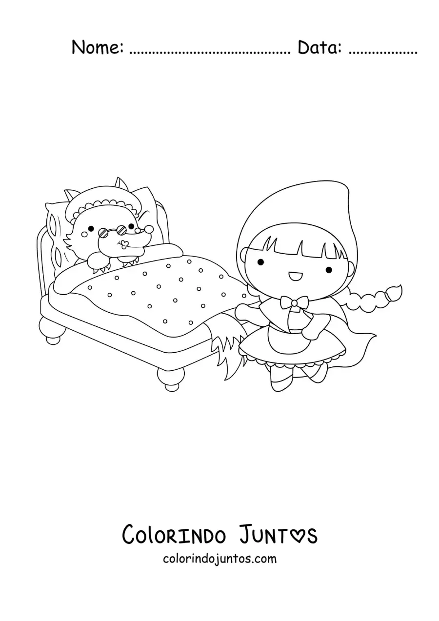 Desenho para colorir de Chapeuzinho Vermelho e o lobo mau disfarçado de vovó