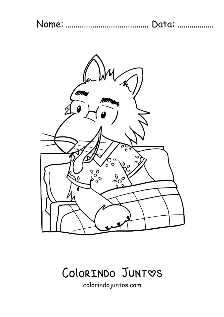 Desenho para colorir do lobo mau animado disfarçado de vovó