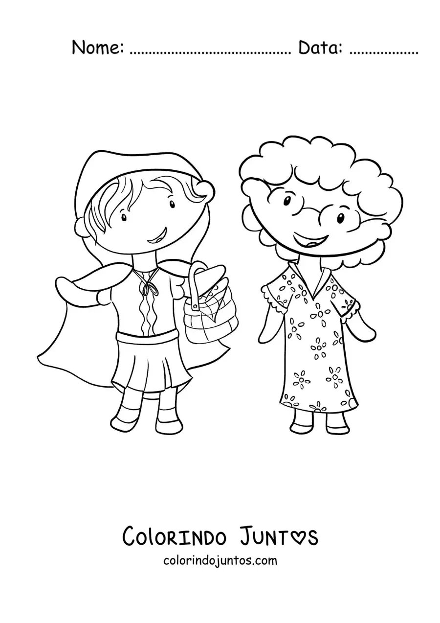 Desenho para colorir de Chapeuzinho Vermelho levando flores para a vovó