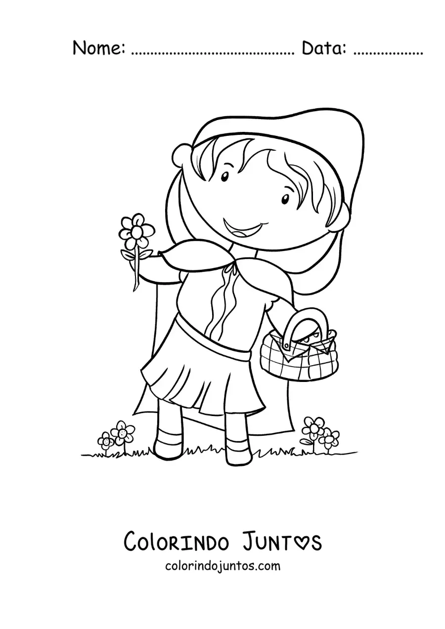 Desenho para colorir de Chapeuzinho Vermelho colhendo flores numa cesta