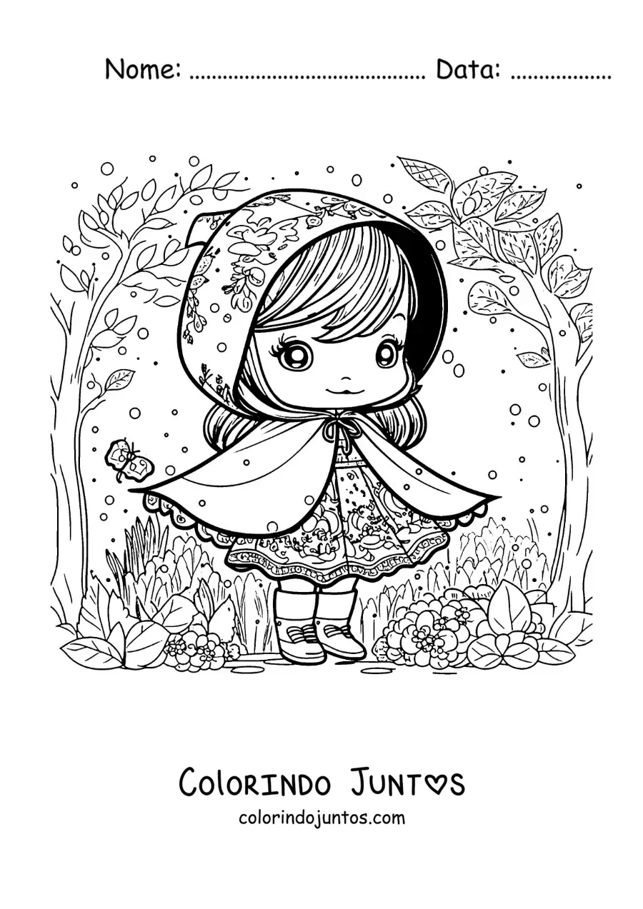 Desenho para colorir de Chapeuzinho Vermelho animada kawaii na floresta