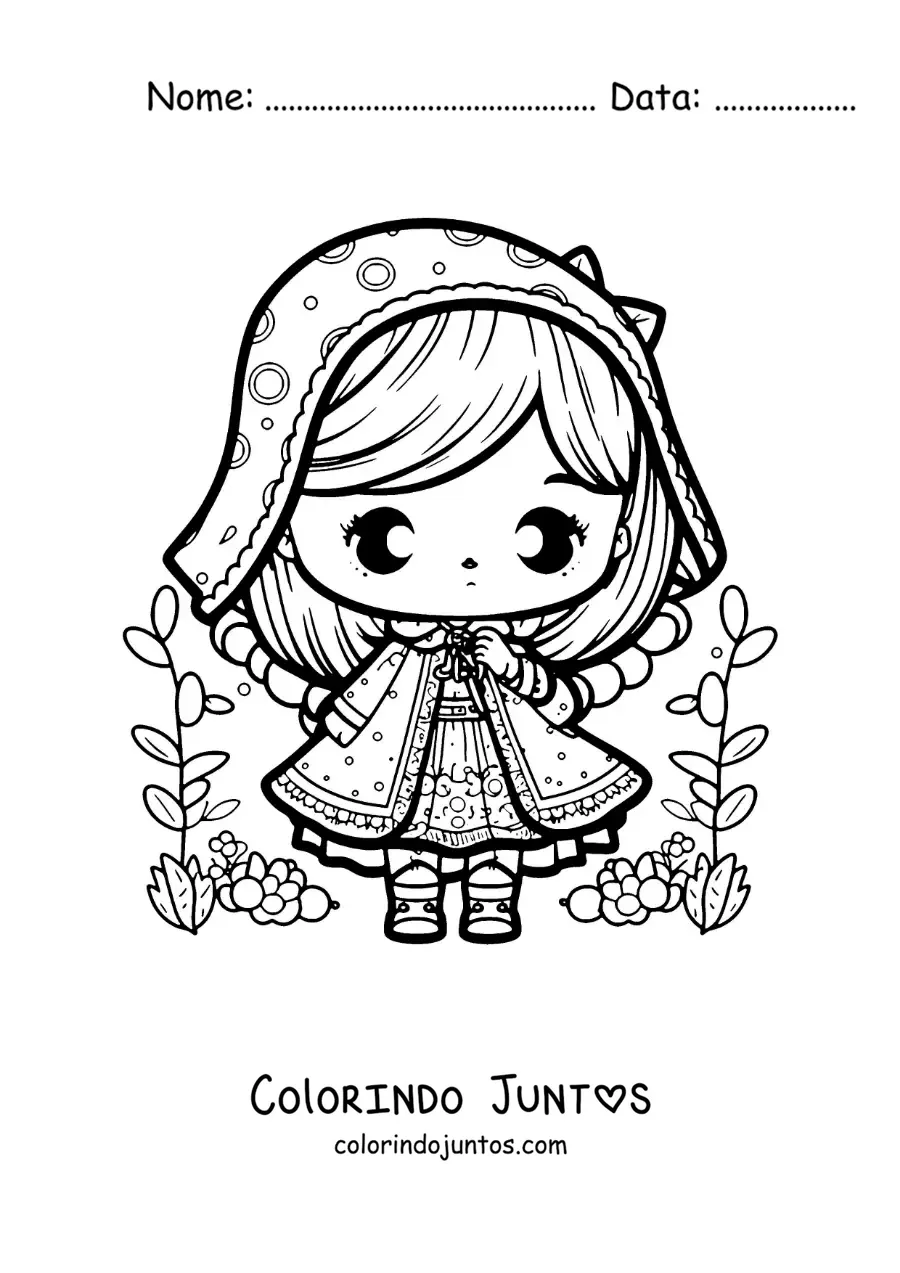 Desenho para colorir de Chapeuzinho Vermelho kawaii fácil