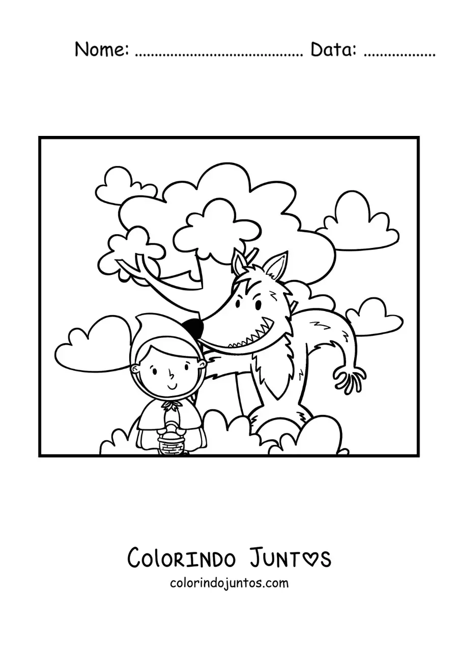 Desenho para colorir de Chapeuzinho animada e o lobo na floresta