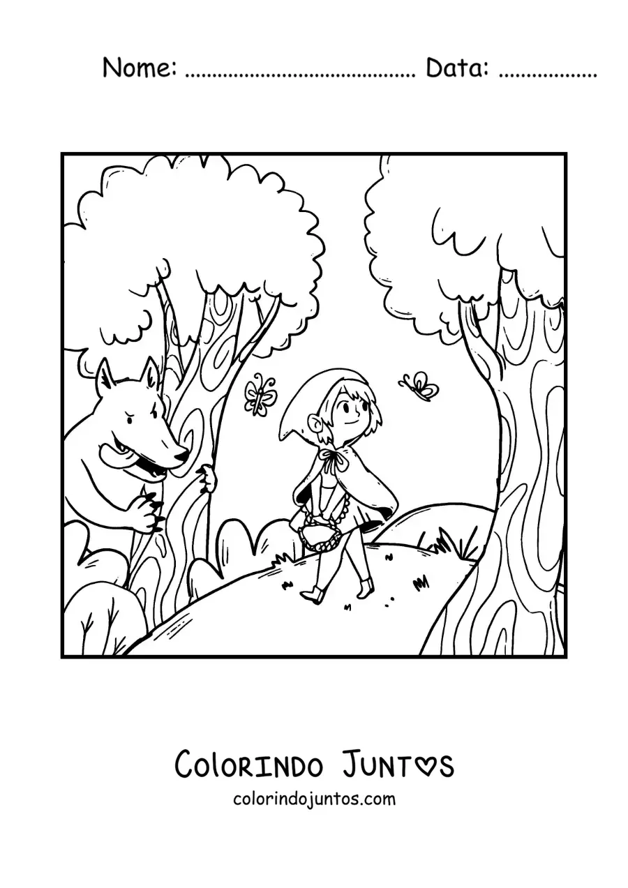 Desenho para colorir do lobo mau perseguindo Chapeuzinho Vermelho na floresta