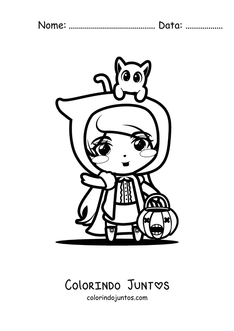 Desenho para colorir de fantasia de Chapeuzinho Vermelho kawaii de Halloween