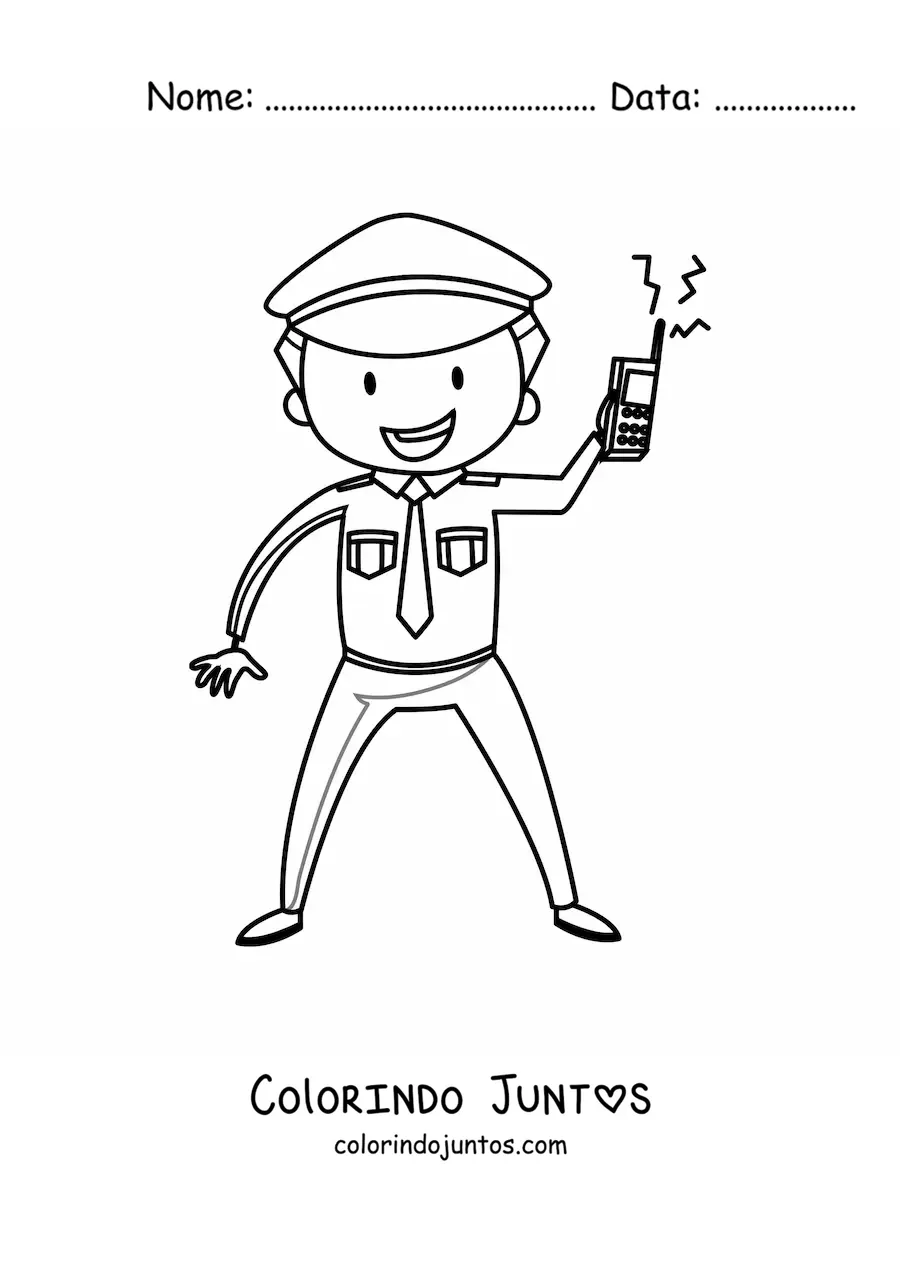 Desenho para colorir de um policial animado segurando um radio