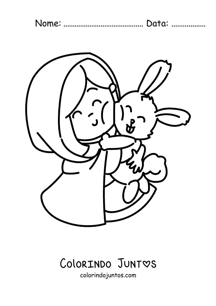 Desenho para colorir de Chapeuzinho Vermelho animada com um coelho