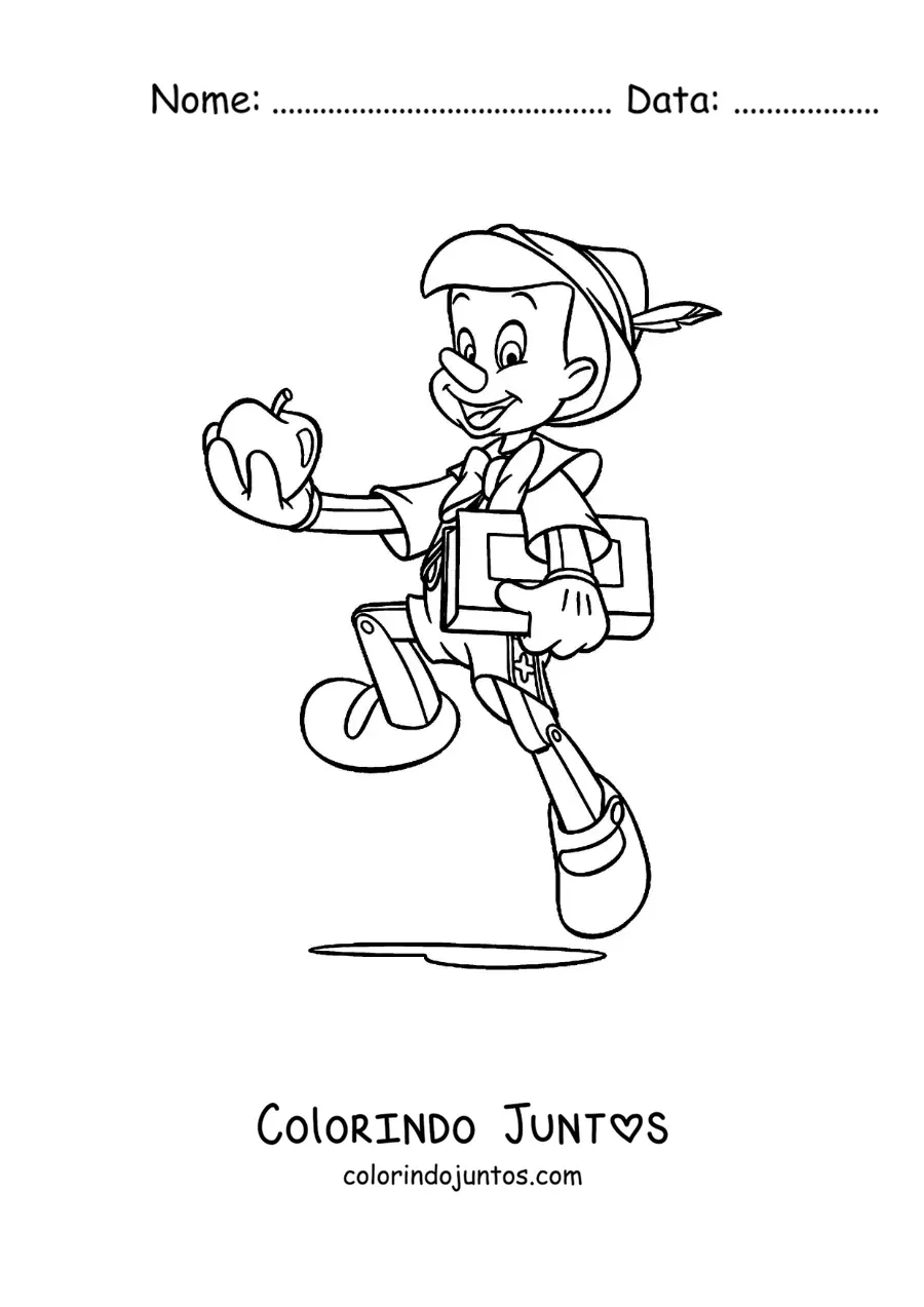 Desenho para colorir de Pinóquio com um livro e uma maçã