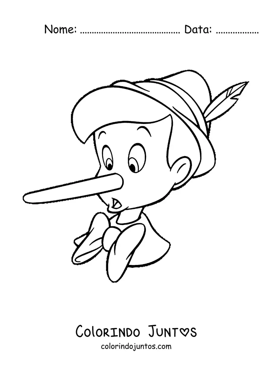 Desenho para colorir do rosto de Pinóquio com o nariz comprido