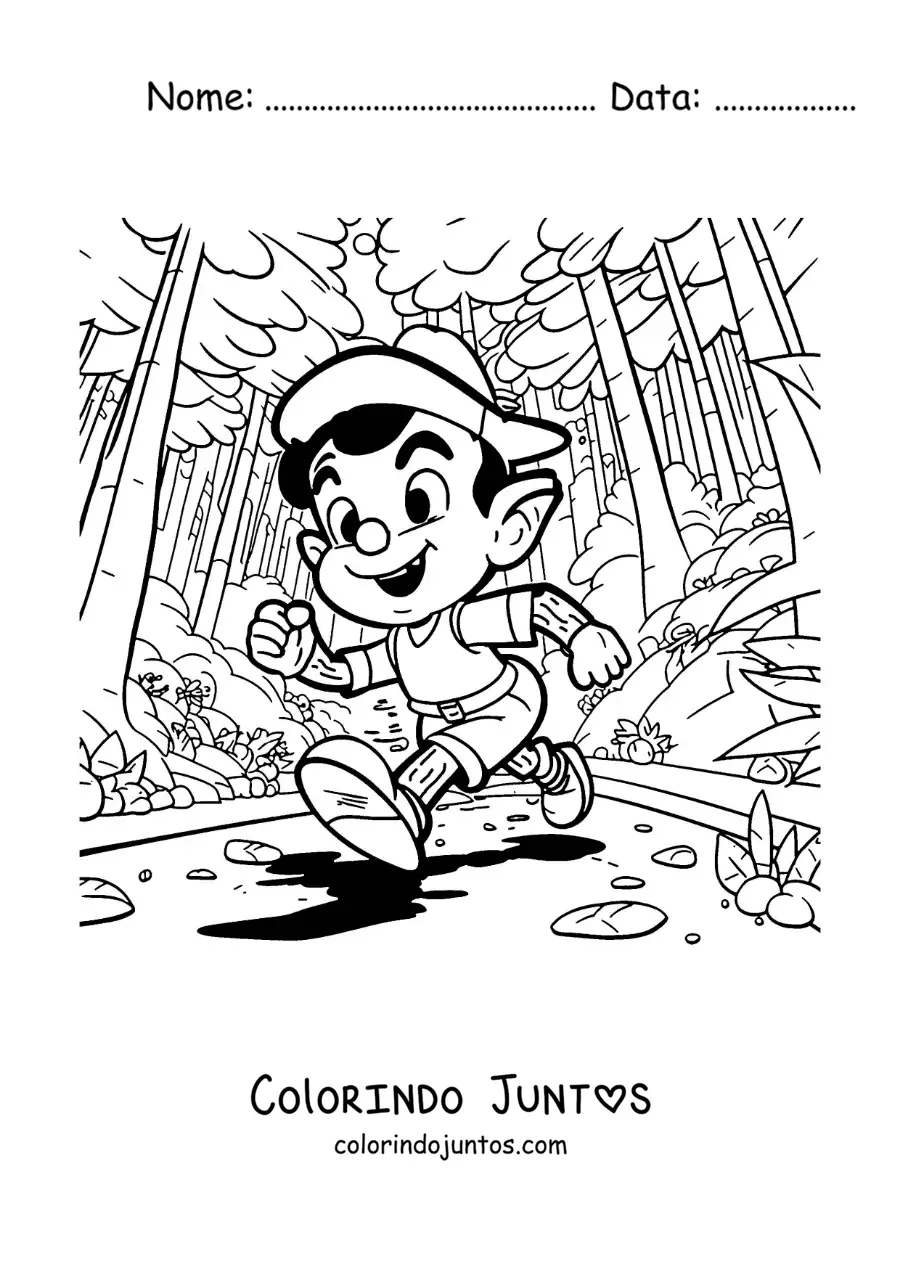 Desenho para colorir de Pinóquio na floresta