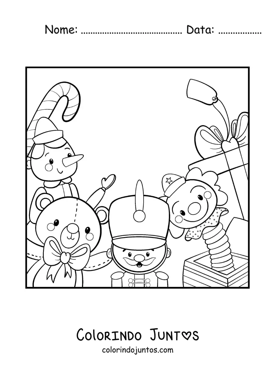 Desenho para colorir de Pinóquio e brinquedos de Natal