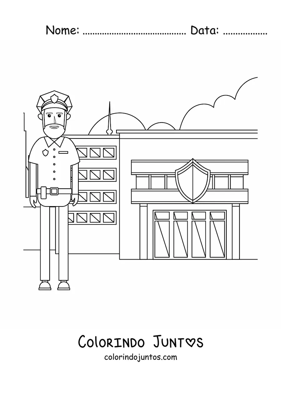 Desenho para colorir de um policial em frente a delegacia