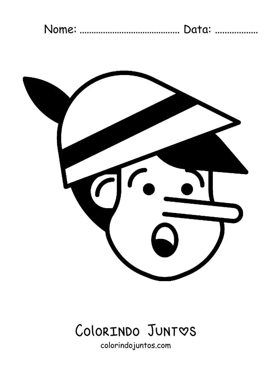Desenho para colorir do rosto de Pinóquio com o nariz grande