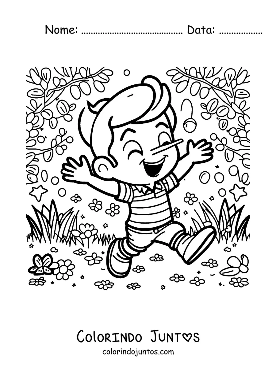 Desenho para colorir de Pinóquio animado na floresta