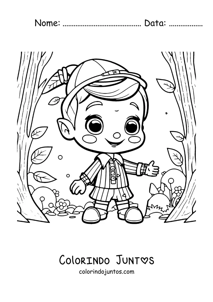 Desenho para colorir de Pinóquio kawaii na floresta