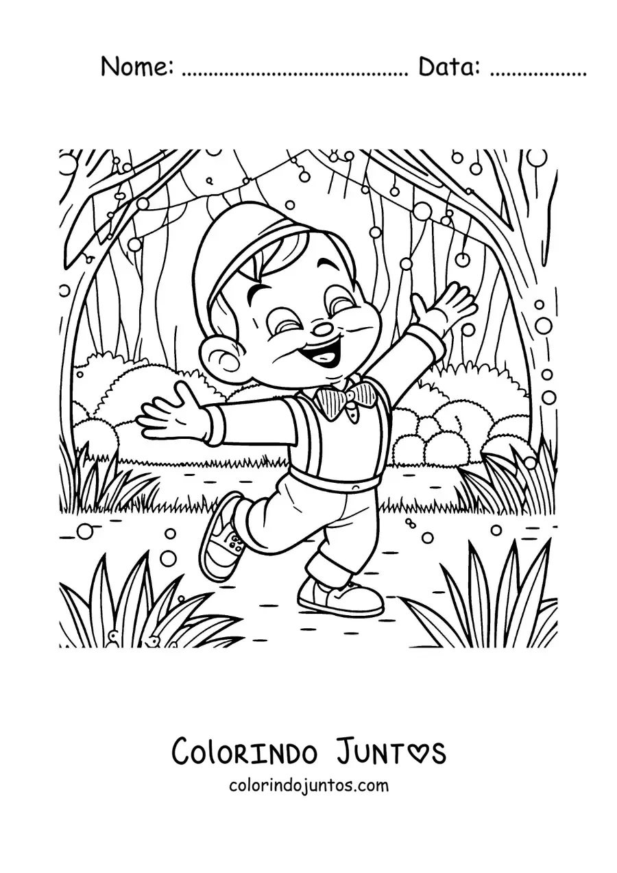 Desenho para colorir de Pinóquio alegre na floresta