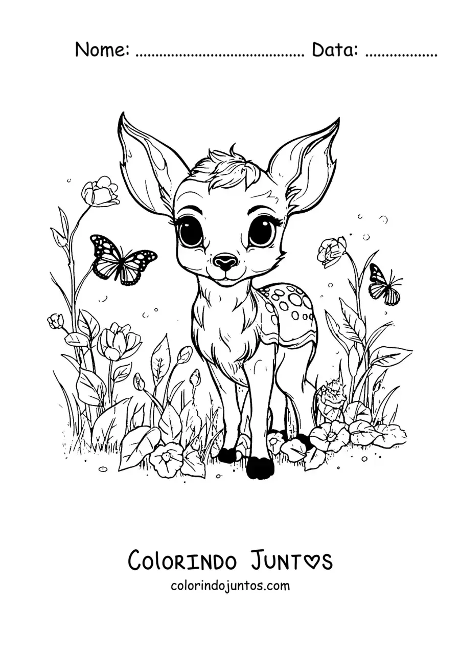 Desenho para colorir de Bambi kawaii com borboletas