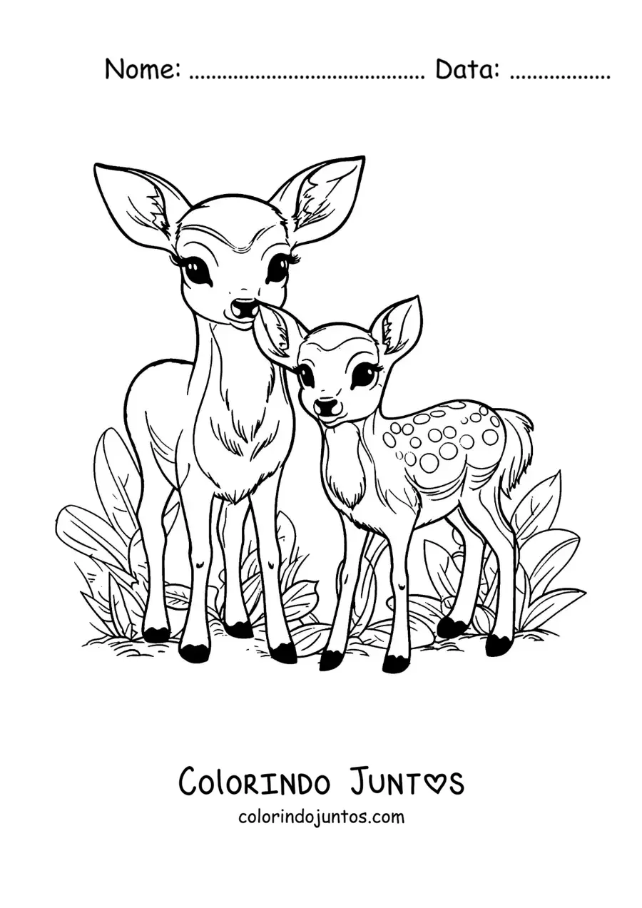 Desenho para colorir de Bambi kawaii com a sua mãe