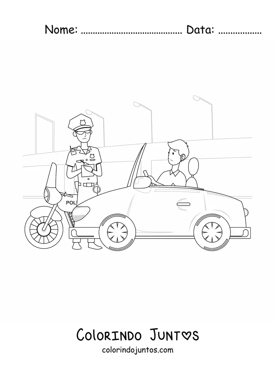 Desenho para colorir de um policial de transito multando um motorista