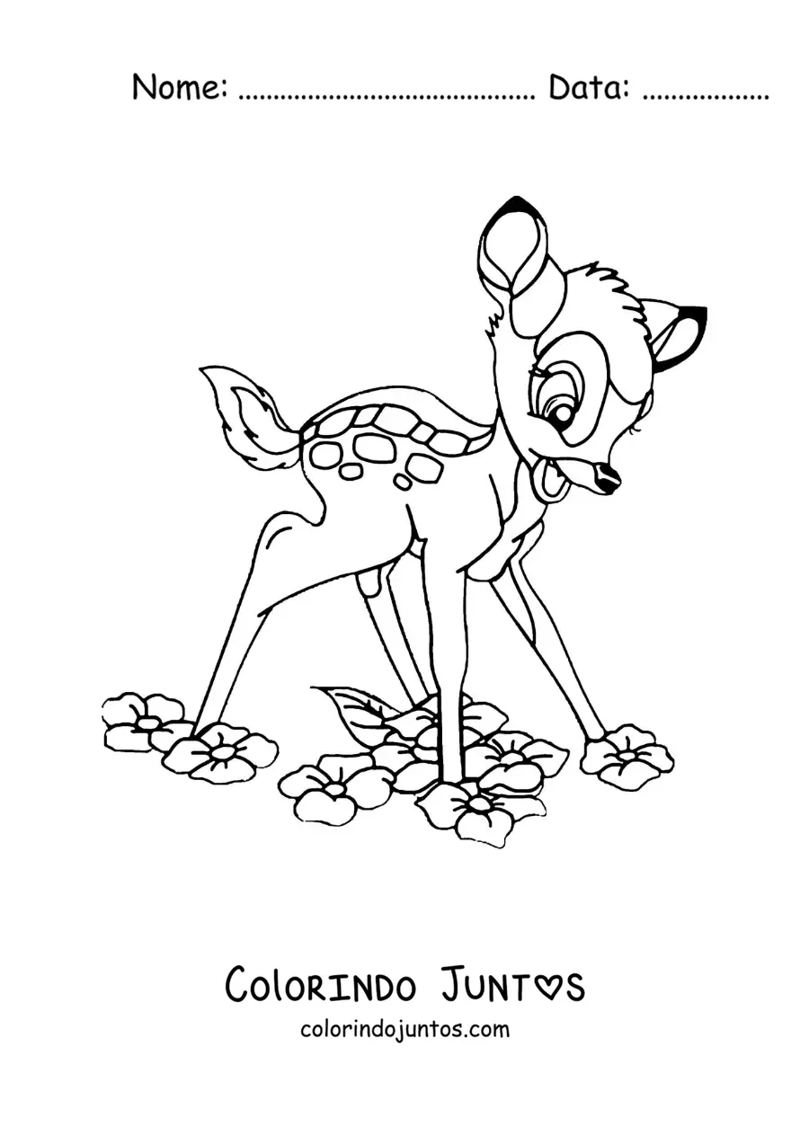 Desenho para colorir de Bambi animado aprendendo a andar entre as flores