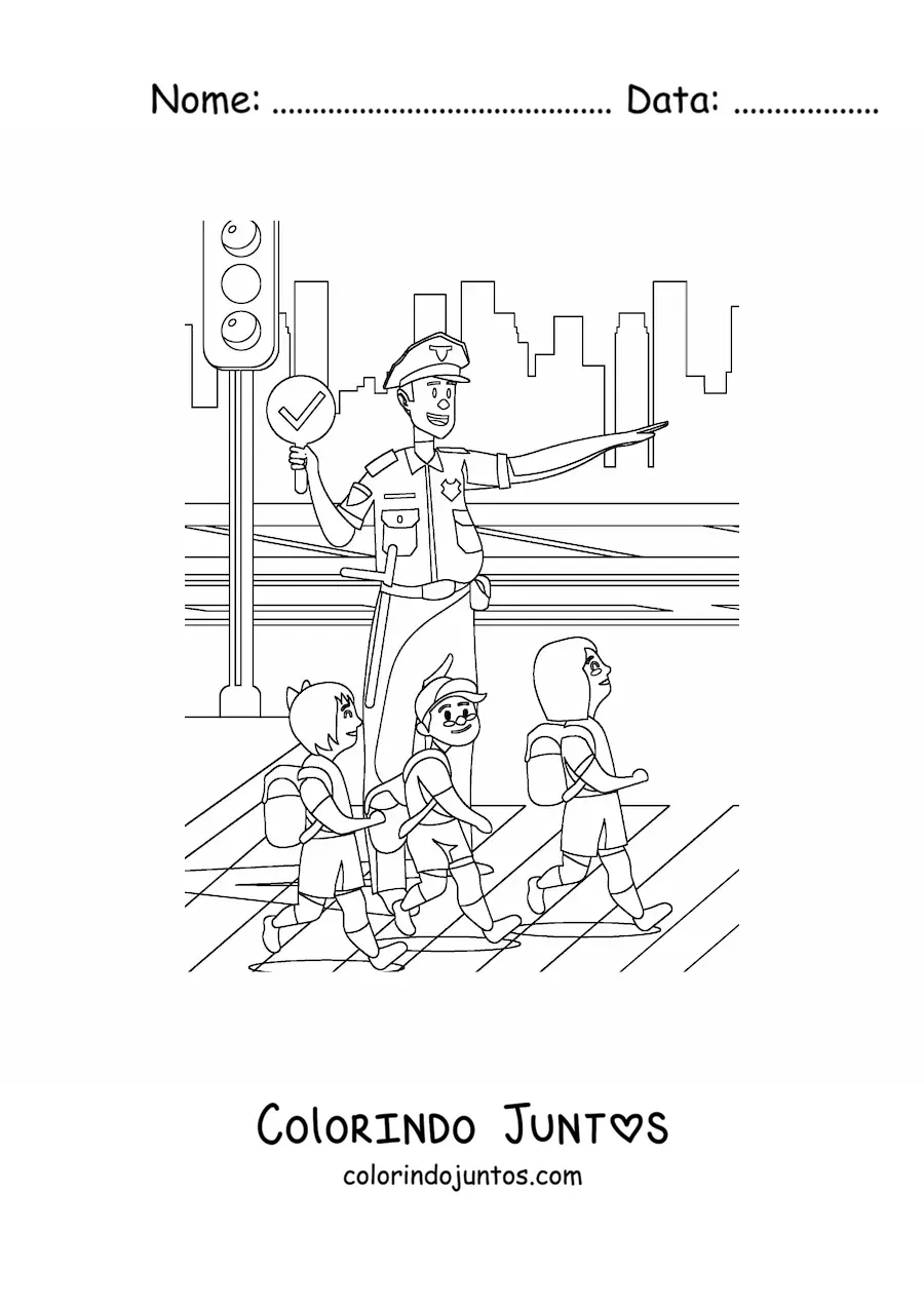 Desenho para colorir de um policial de transito ajudando criancas a atravessar a rua