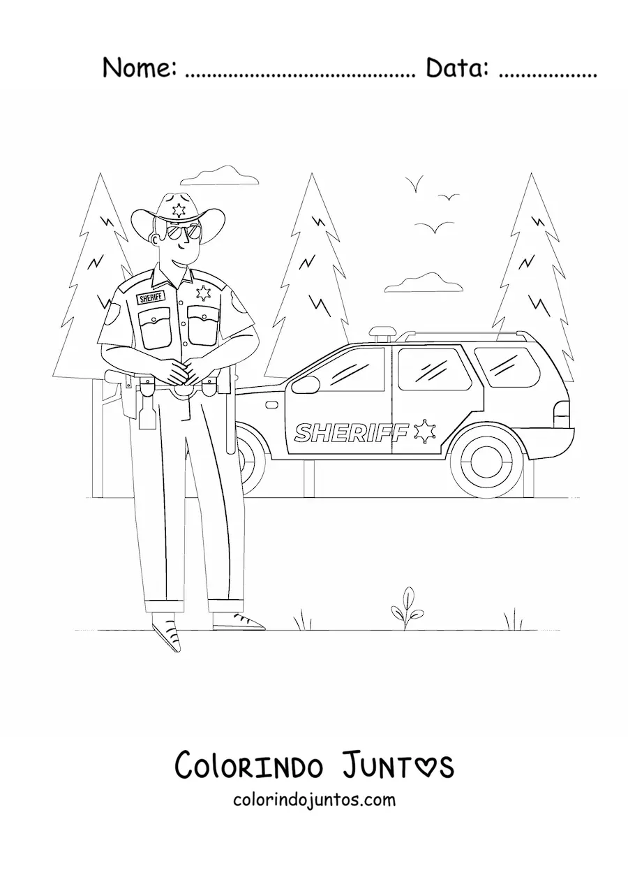 Desenho para colorir de um xerife junto a uma viatura