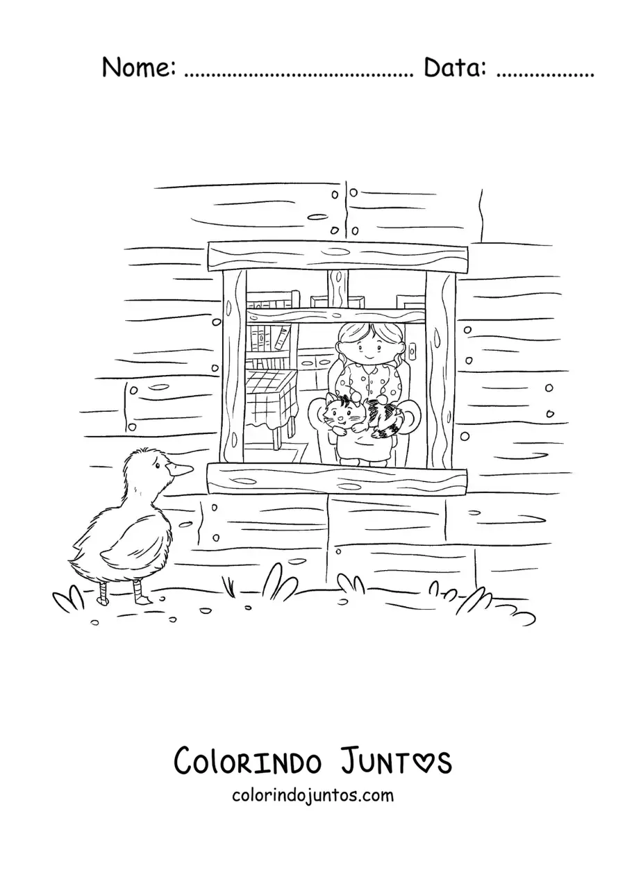 Desenho para colorir do Patinho Feio olhando pela janela