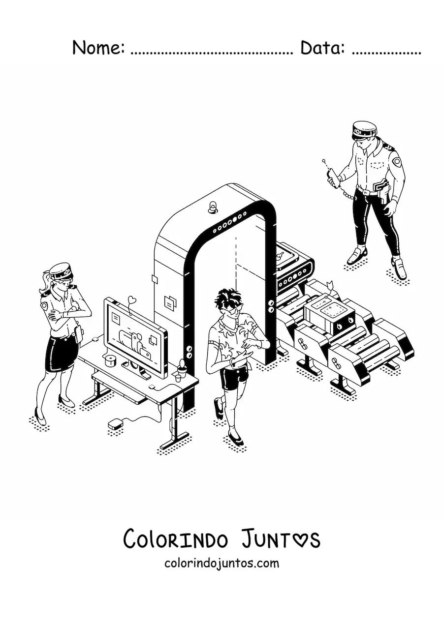 Desenho para colorir de um par de policiais de seguranca no aeroporto