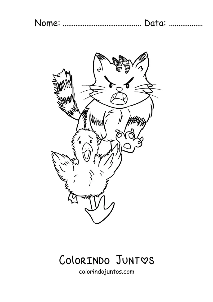 Desenho para colorir do Patinho Feio animado fugindo de um gato