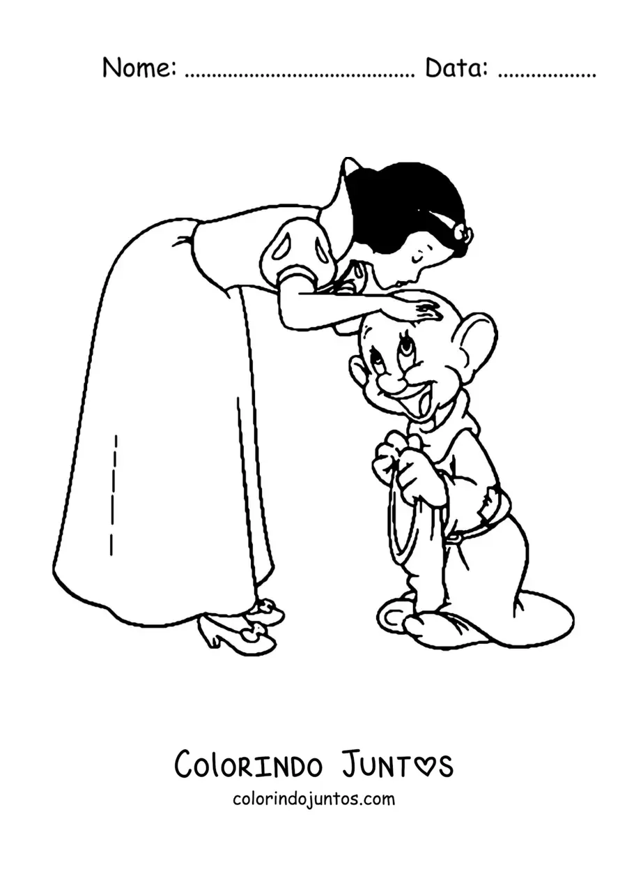 Desenho para colorir de Branca de Neve beijando um dos anões