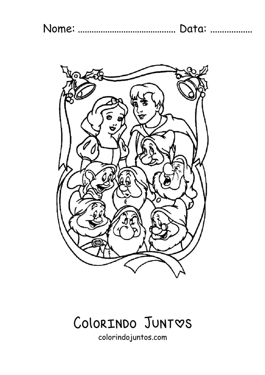 Desenho para colorir de Branca de Neve com o príncipe e os sete anões