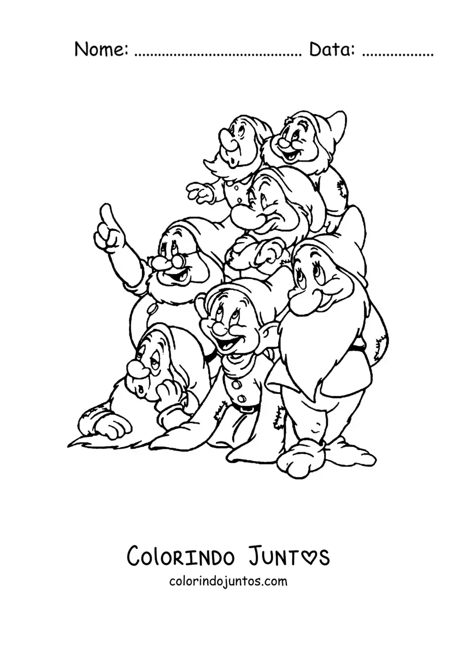 Desenho para colorir dos sete anões de Branca de Neve