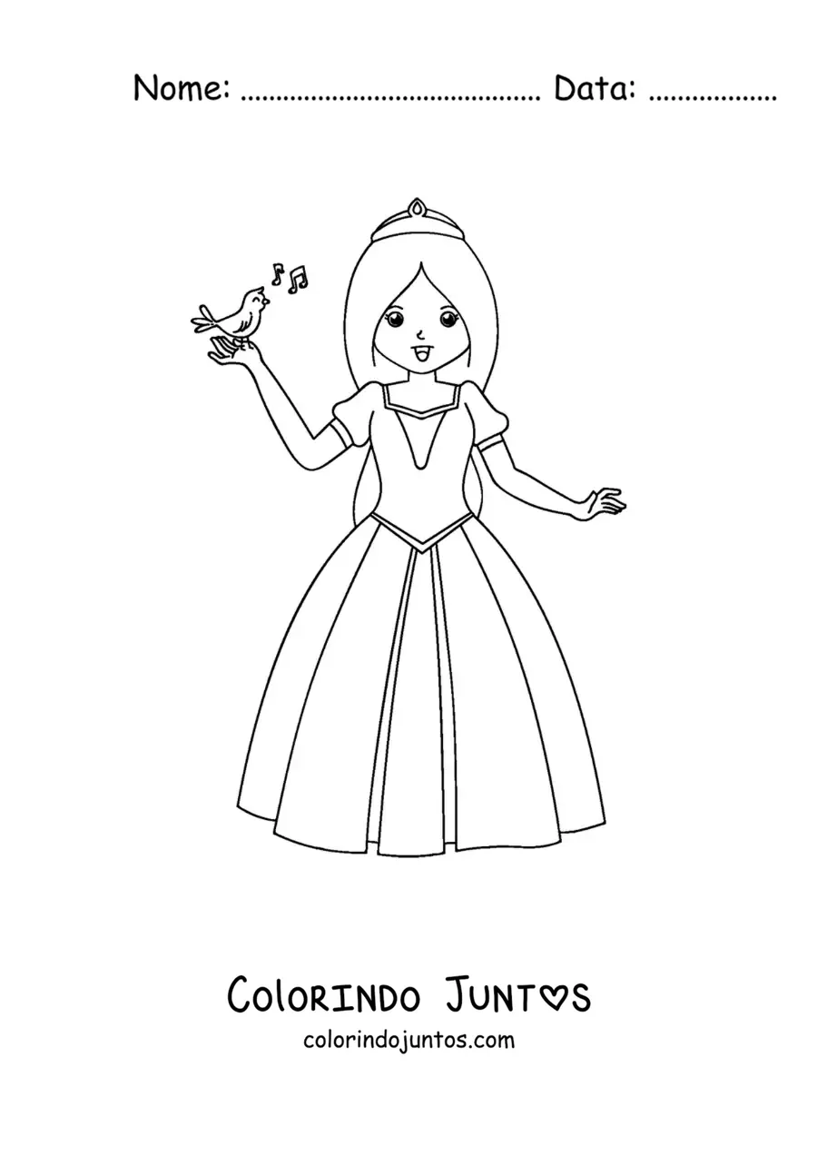 Desenho para colorir de Branca de Neve com um pássaro cantando