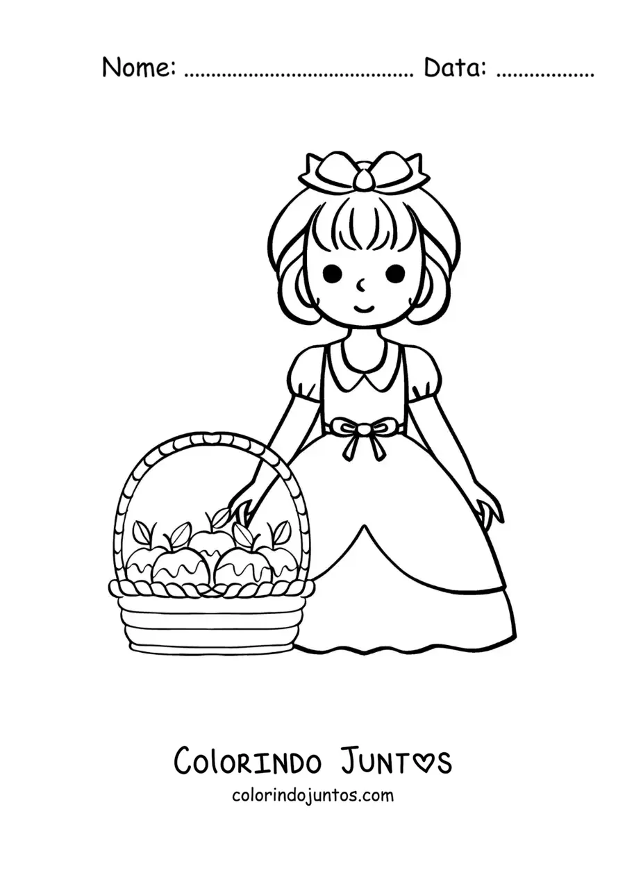 Desenho para colorir de Branca de Neve animada com uma cesta de maçãs