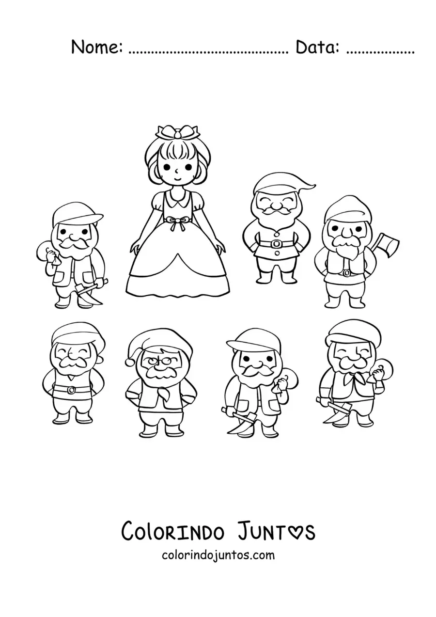 Desenho para colorir de Branca de Neve animada com os 7 anões