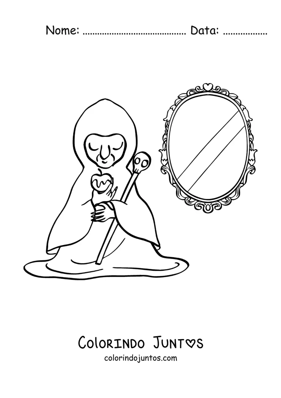 Desenho para colorir da bruxa má de Branca de Neve com o seu espelho