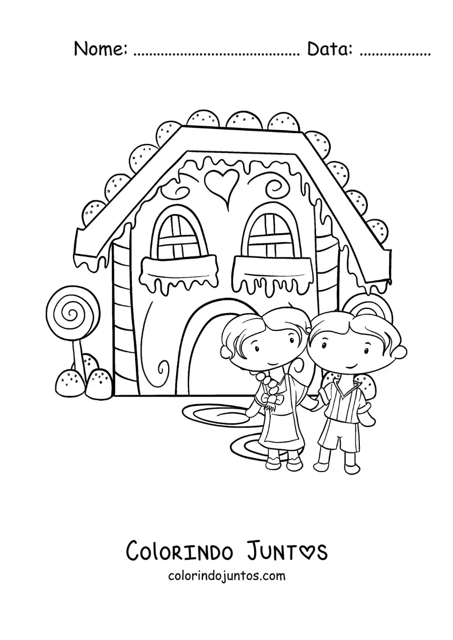 Desenho para colorir de João e Maria na casa de doces