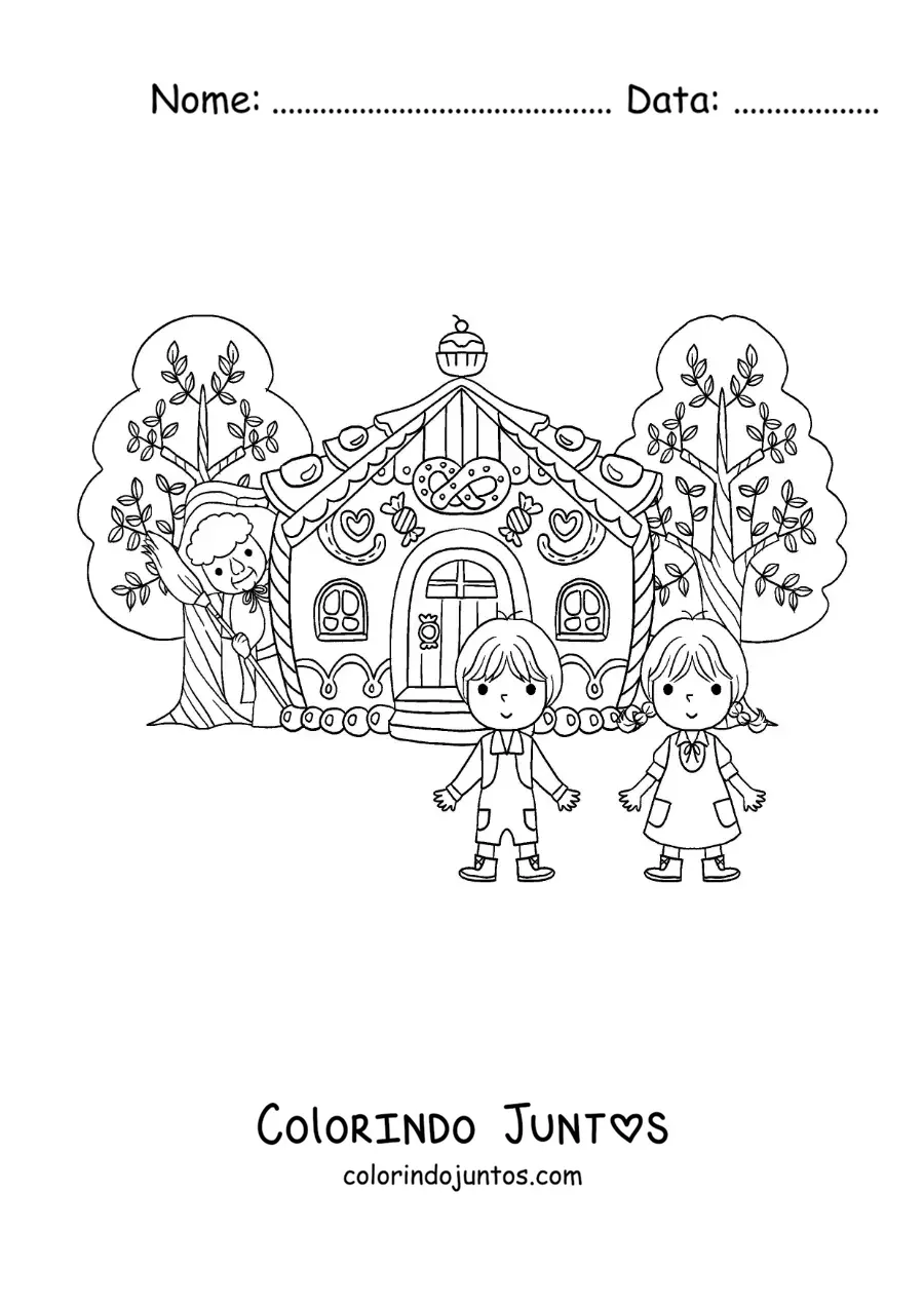 Desenho para colorir de João e Maria na casa da bruxa