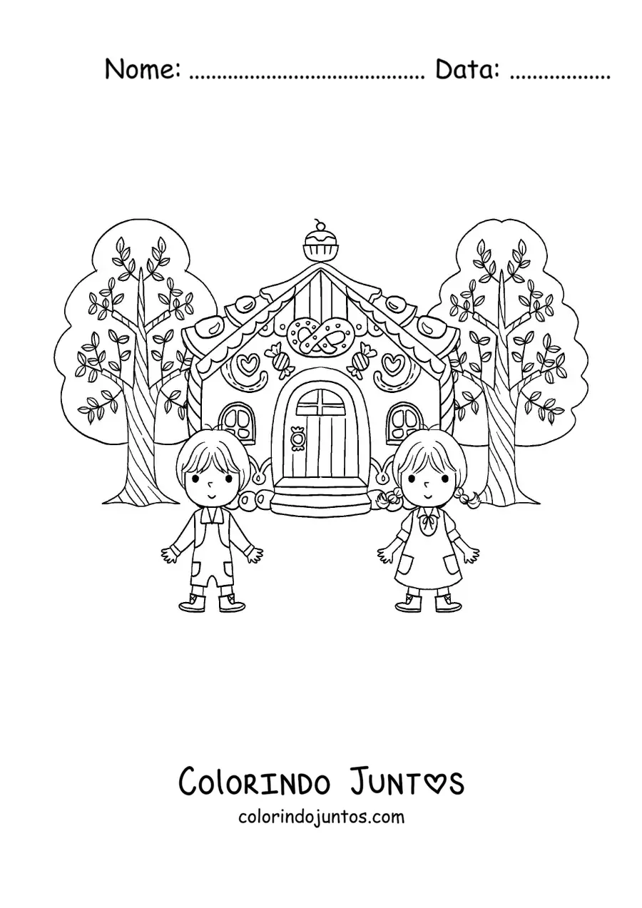 Desenho para colorir de João e Maria animados na casa de doces