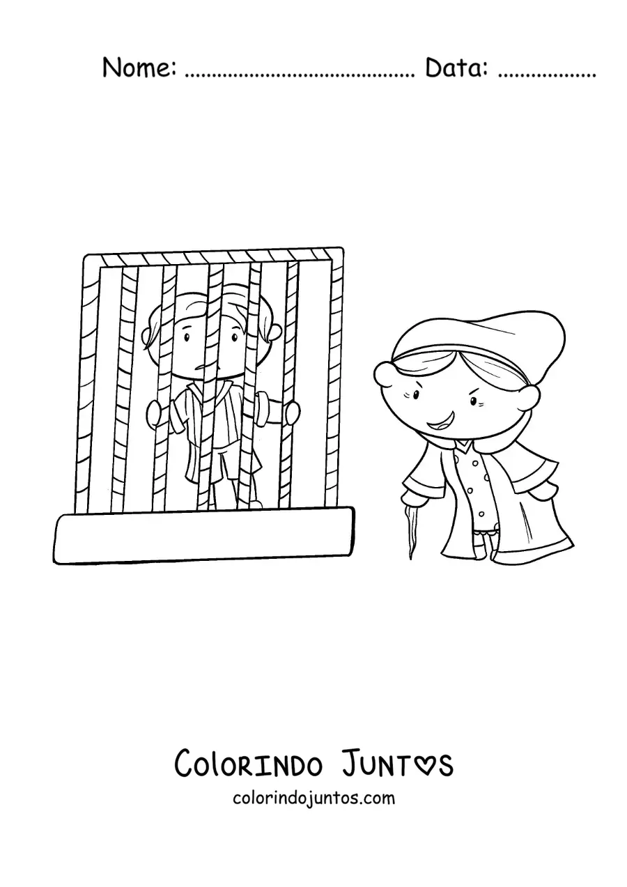 Desenho para colorir de João e Maria presos na casa da bruxa