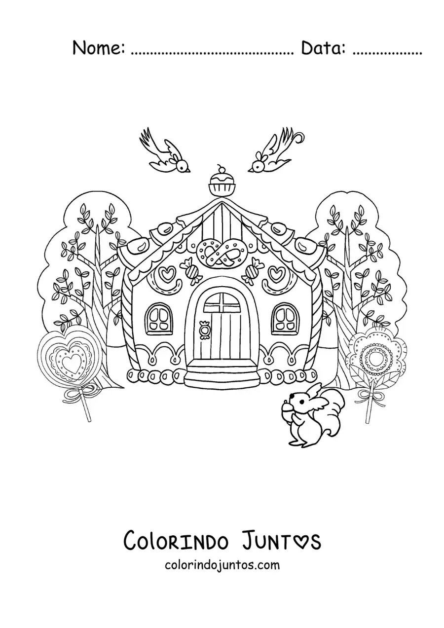 Desenho para colorir da casa da bruxa do conto de João e Maria