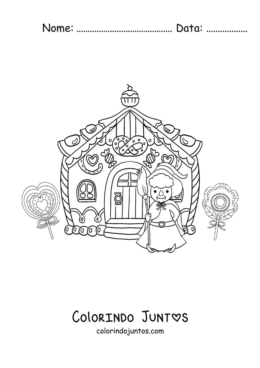 Desenho para colorir da bruxa de João e Maria com a sua casa de doces
