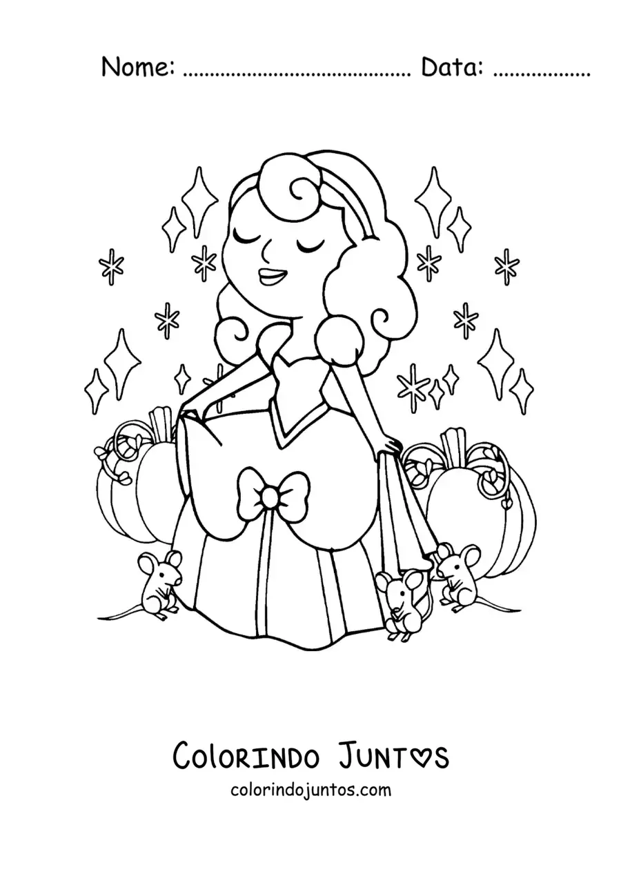 Desenho para colorir de Cinderela com seu vestido ao lado da carruagem e dos ratinhos