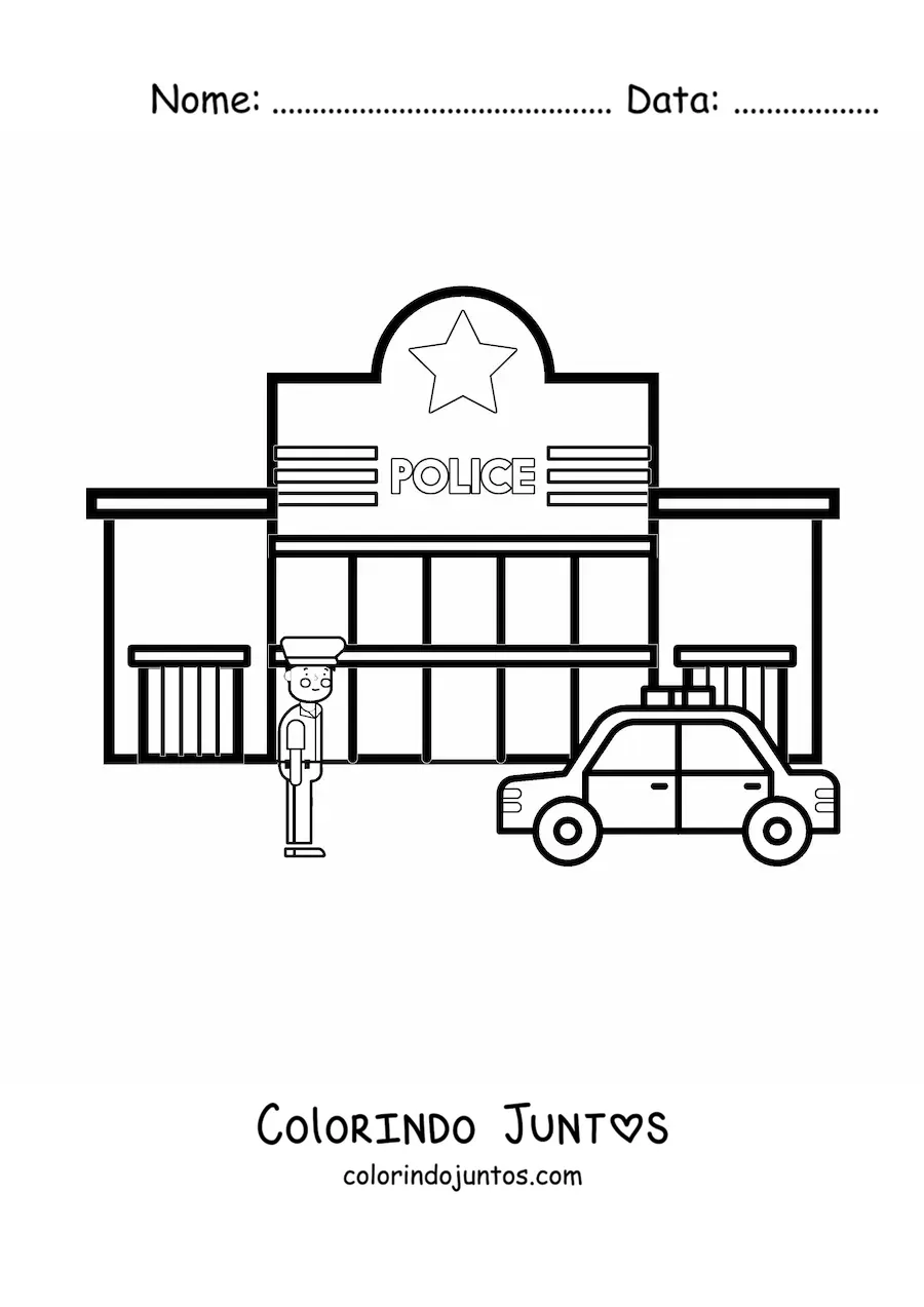 Desenho para colorir de um policial e uma viatura em frente à delegacia