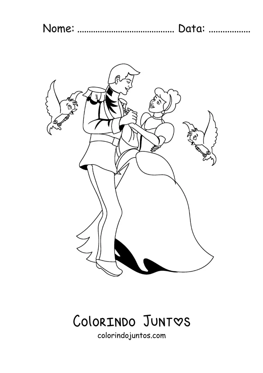 Desenho para colorir de Cinderela dançando com o príncipe