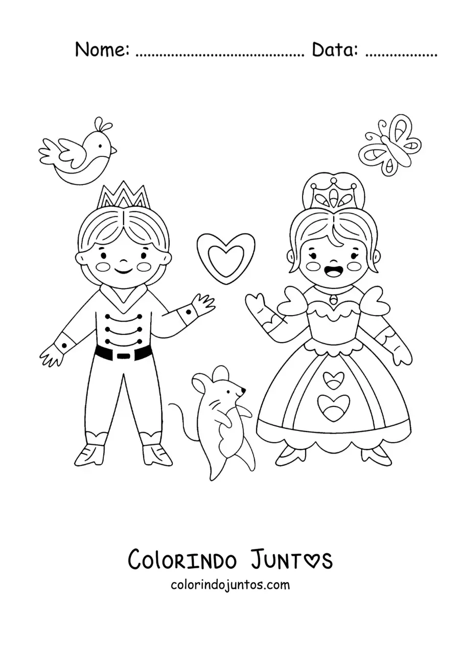Desenho para colorir de Cinderela kawaii com o príncipe e um ratinho animado